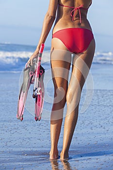 Rear View Red Bikini Woman At Beach