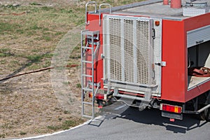 Rear view of red fire truck