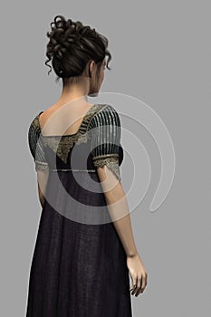 Rear view render of a beautiful woman in a Regency style dress