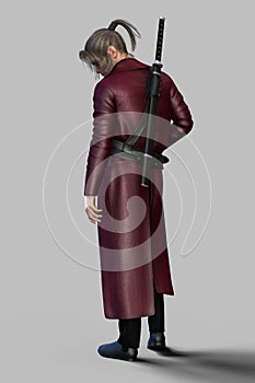 Rear view render of an Urban Fantasy style man wearing a long red leather coat with a sword strapped to his back