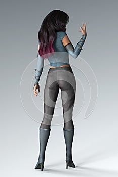 Rear view render of an urban fantasy style woman with her hand in the air