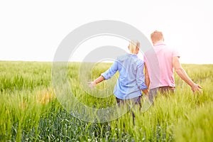 Rear View Of Romantic Couple Walking In Field Holding Hands