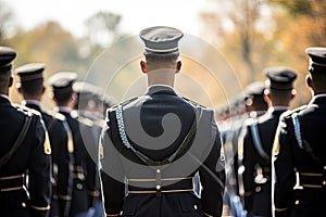 Rear view of a row of soldiers during a military ceremony, US soldiers standing in a formation on a ceremony, rear view, top