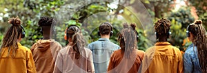 Rear view of a row of young friends in headphones listening to music in the park