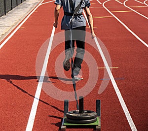 Rear view of a runner pulling a sled with weights on it