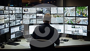 Rear view of security guard monitoring CCTV cameras in surveillance room
