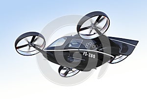 Rear view of self driving Passenger Drone flying in the sky