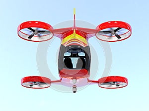 Rear view of self-driving Rescue Drone hovering in the sky with rear hatch opened