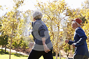 Rear View Of Senior Couple Power Walking Through Park