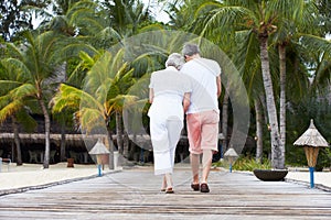 Rear View Of Senior Couple Walking On Wooden Jetty