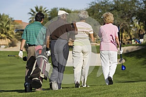 Rear View Of Senior Golfers Walking On Course