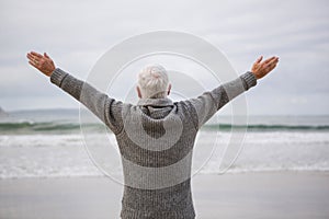 Rear view of senior man standing with arms outstretched on beach