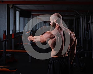 Rear view of a shirtless muscular man doing exercises with dumbbells in the gym.