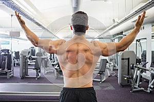 Rear view of shirtless muscular man in gym