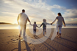Rear view shot of a carefree family holding hands while walking into the sunset. Mixed race parents and their two kids
