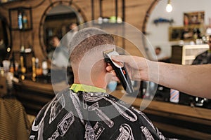 Rear view shot of hairdresser cutting hair of male client. Barber shop