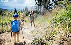 Rear view of small boy with family hiking outdoors in summer nature.