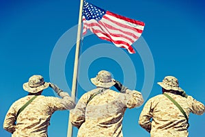 Rear view of Soldiers Saluting American Flag