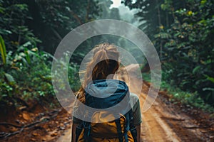 Rear view of a solo female traveler with a backpack walking on a muddy road in the misty rainforest, embarking on an adventure