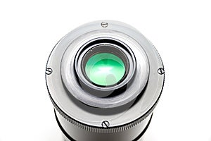 Rear view of a soviet era mirror tele lens. Macro studio shot on white background