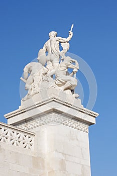 Rear view of statues in a monument to Victor Emmanuel II. Piazza Venezia, Rome, Italy