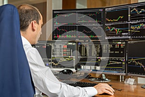 Rear view of stock trader analyzing data at multiple computer screens.