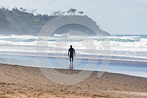 Rear View of Surfer Walking in an Australian Beach in Summer.Water Deport Concept