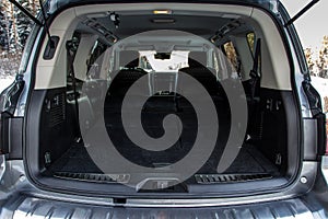Rear view of a SUV car with open trunk