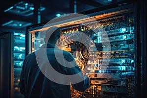 Rear view of a technician working in datacenter server room, rear view of the Technician repairing the server in the data center.