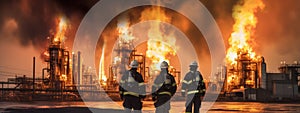 Rear view of three firemen standing against explosions anarge fire in the refinery. Generative AI