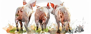 Rear view of three pigs in a lush field, watercolor painting style, isolated, white background.