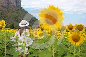 Rear view of travel lifestyle women standing and relax in sunflower field, in summer day and happy vocations