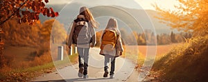 Rear view of two children going to school again. Way from school wide