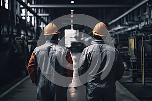 Rear view of two factory workers in hardhats looking at each other, Industrial workers full rear view working on Industrial space