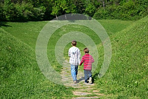 Rear View Of Two Little Boys Holding Hands And Walking Through The Green Field Towards The Forest