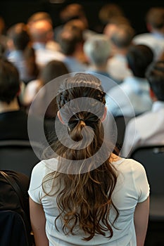 Rear view of unidentifiable audience members at business and entrepreneurship symposium