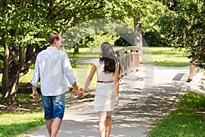 Rear view of walking couple in park