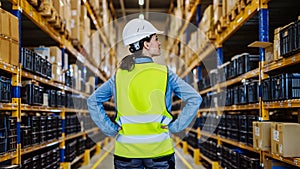 Rear view of warehouse female worker checking up stuff in a warehouse.