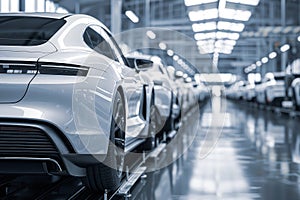 Rear view of white cars on the production line in a modern factory