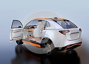 Rear view of white Electric SUV interior on reflective ground