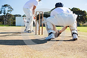 Rear view of wicket keeper crouching by stumps during match