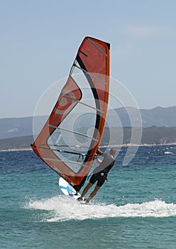 A rear view of a windsurfer