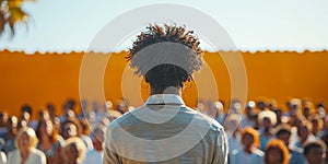 Rear view of a woman addressing a diverse crowd, suitable for themes of leadership, community, and public speaking.