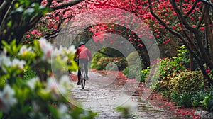 Rear view of a woman cyclist riding along blooming alley in beautiful park. A female athlete does sports training