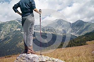 Rear view of woman with hiking stick looking at the mountains