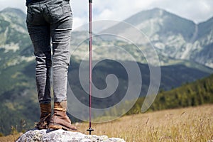 Rear view of woman with hiking stick looking at the mountains