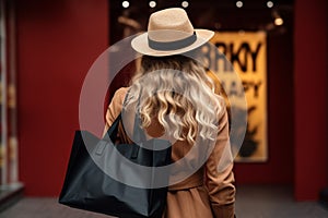 Rear view of a woman holding a Black Friday shopping bag