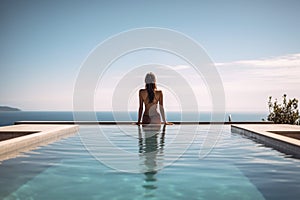 Rear view of woman in the infinity swimming pool AI generated