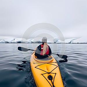 Rear view of woman kayaking at Antarctica
