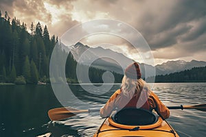 Rear view of woman paddles her kayak